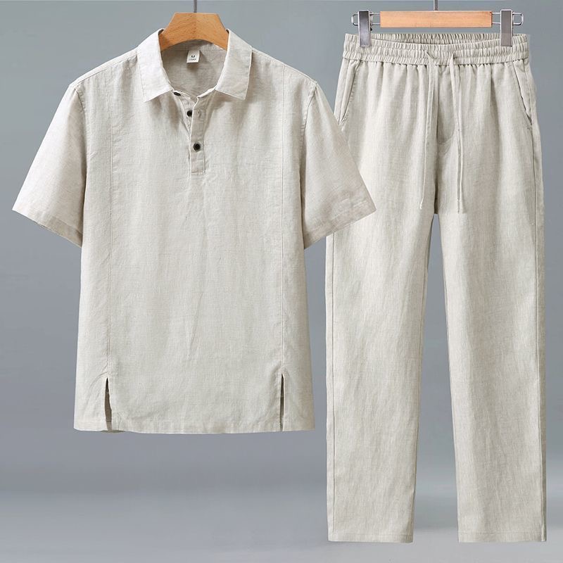 Short Linen Drawstring - Весенне-летний модный ретро-спортивный комплект: футболка с